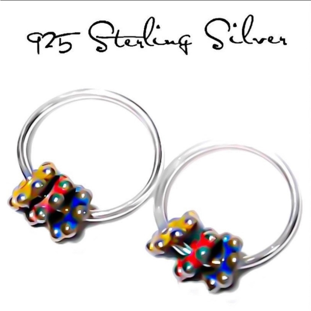 3 x pairs of cute 925 sterling silver colorful bali beaded sleeper hoop earrings